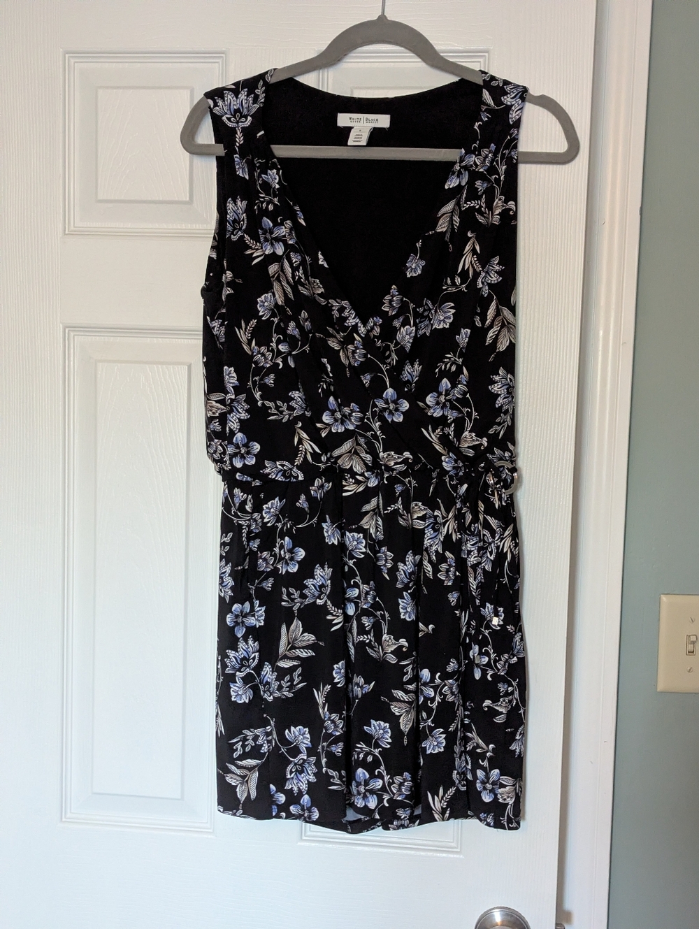 White House Black Market Black Shorts Romper with Blue & White Floral Print